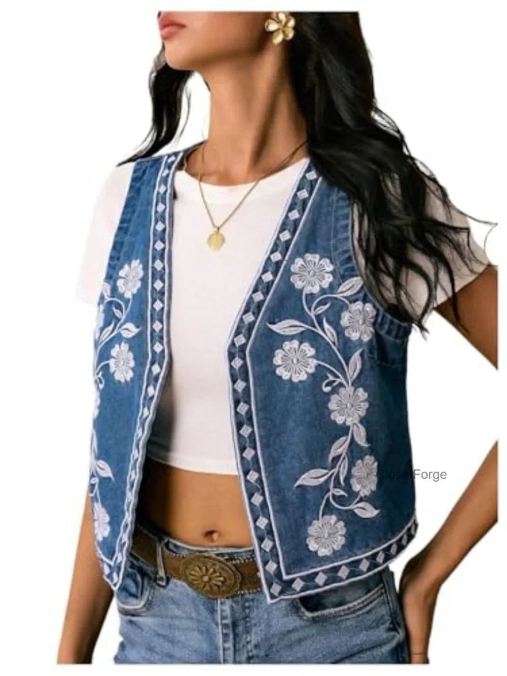 Embroidered Floral Denim Vest Sleeveless Cropped Boho Jacket